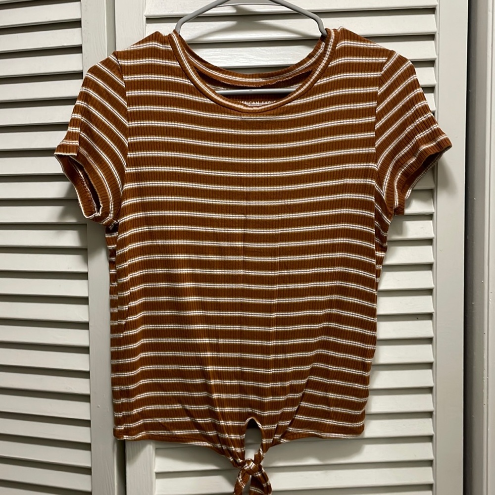 American Eagle Tie Front Orange Striped Shirt (size small)